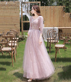 Pink tulle sequins long prom dress evening dress HZ1023