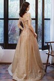 Gold sequins long A line prom dress evening dress HZ1023