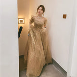Gold tulle long prom dress A line evening dress HZ1023
