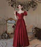 Burgundy satin long prom dress A line evening dress HZ1023