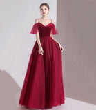 Bugundy velet tulle long prom dress A line evening dress HZ1023