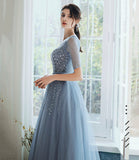 Blue tulle beads long prom dress A line evening gown HZ1023