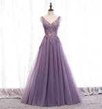 Purple v neck long A line prom dress lace evening dress HZ1023