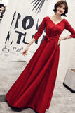 Burgundy v neck long A line prom dress evening dress HZ1023
