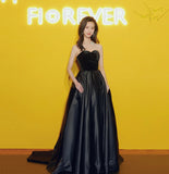 Black velvet satin long prom dress A line evening gown HZ1023