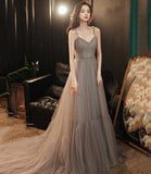 Stylish v neck tulle long A line prom dress evening dress HZ1023