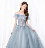 Grey tulle lace long prom gown A line evening dress HZ1023