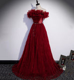 Burgundy tulle long prom dress A line evening gown HZ1023