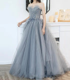 Gray tulle applique long prom dress A line evening gown HZ1023