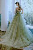 Green tulle long prom dress green evening dress HZ1023