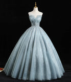 Blue tulle sequins long prom dress A line formal dress HZ1023