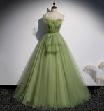 Green tulle long A line prom dress HZ1023