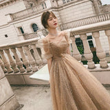 Gold tulle long prom dress A line evening dress HZ1023