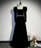 Black velvet long prom dress A line evening dress HZ1023