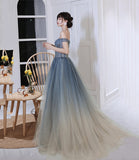 Gray tulle beads long prom dress evening dress HZ1023