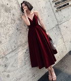 Burgundy v neck velvet short prom dress HZ1023