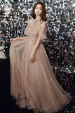 Champagne tulle sequins long A line prom dress evening dress HZ1023