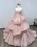Pink Gorgeous Exquisite Floral Long Tulle Floor Length Ball Gown Evening Gown Party Dress Wedding Dress HZ1023