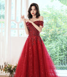 Red tulle sequins long prom dress evening dress HZ1023