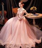 Pink tulle applique long A line prom dress evening dress HZ1023
