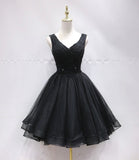 Black v neck beads short prom dress homecoming dress HZ1023
