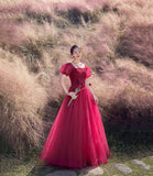 Red tulle beads long prom dress A line evening gown HZ1023