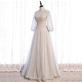 Gray lace sequins long prom gown evening dress HZ1023