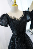 Black tulle sequins long prom dress black evening dress HZ1023