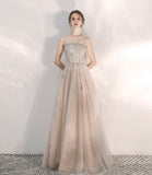 Champagne tulle sequins long prom dress A line evening dress HZ1023