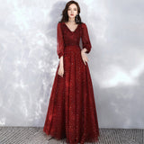 Burgundy lace long sleeve prom dress evening dress HZ1023