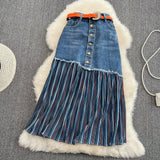 Pleated stitched denim skirt, irregular medium length A-line skirt HZ1023