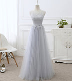 Gray tulle lace prom dress A line evening dress HZ1023