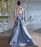 Blue satin long prom dress A line evening dress HZ1023