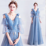 Blue v neck tulle long prom dress A line evening dress HZ1023