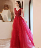 Red tulle beads long A line prom dress evening dress HZ1023