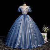 Blue satin long ball gown dress blue evening gown HZ1023