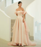 Pink satin tulle long prom dress A line evening dress HZ1023