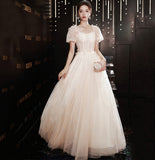White tulle sequins long prom dress A line evening gown HZ1023