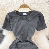 Spice Girl round neck chest hollowed out elastic tight drawstring short Hip Wrap Dress HZ1023