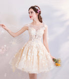 Champagne tulle lace short prom dress homecoming dress HZ1023