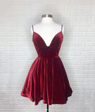 Burgundy velvet short prom dress party dress HZ1023