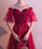 Burgundy tulle sequins prom dress evening dress HZ1023