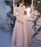 Pink tulle beads long prom dress A line evening dress HZ1023