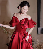 Red satin long prom dress A line evening dress HZ1023