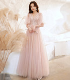 Pink tulle lace long prom dress pink evening dress HZ1023