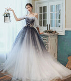 Blue tulle sequins long prom dress A line evening dress HZ1023
