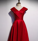 Burgundy v neck satin long prom dress evening dress HZ1023