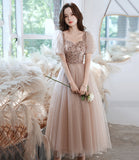 Champagne tulle beads short prom dress homecoming dress HZ1023