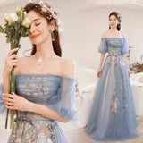 Blue lace long A line prom dress blue evening dress HZ1023