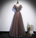 Shiny tulle beads long prom dress A line evening gown HZ1023
